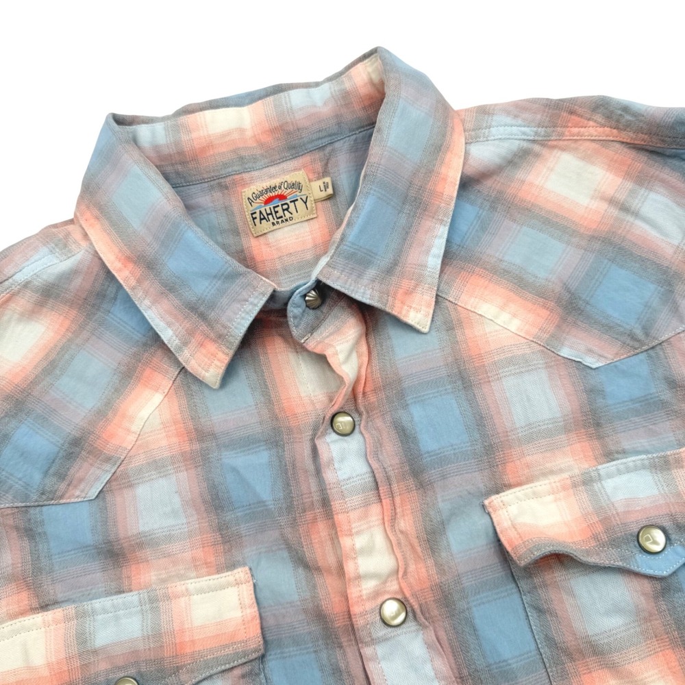 Faherty Western Shirt Men Large Blue Peach Plaid Pearl Snap Long Sleeve Flannel